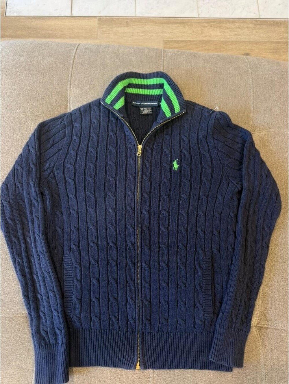 Ralph Lauren Golf Cable Knit Full Zip Sweater Navy Green M